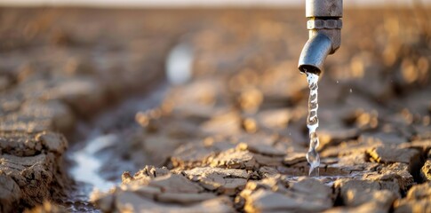 Water Flowing From Tap At Sunset Over Dry Riverbed