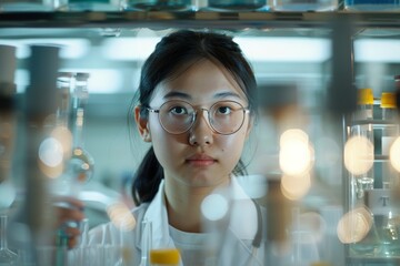 Aufkleber - A focused young woman scientist with glasses is working in a laboratory, surrounded by various scientific instruments and glassware, reflecting precision and scientific dedication.