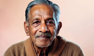 Wall Mural - Lifestyle portrait of an Indian man in his 70s against a pastel or soft colors background wearing a cardigan