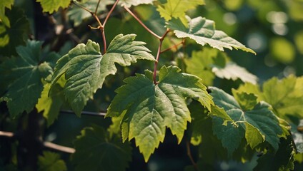 Wall Mural - Closeup shot of wild grape leaves on green background