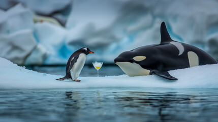 Penguin enjoying a cocktail with orca on an iceberg for National Wildlife Day on September 4th