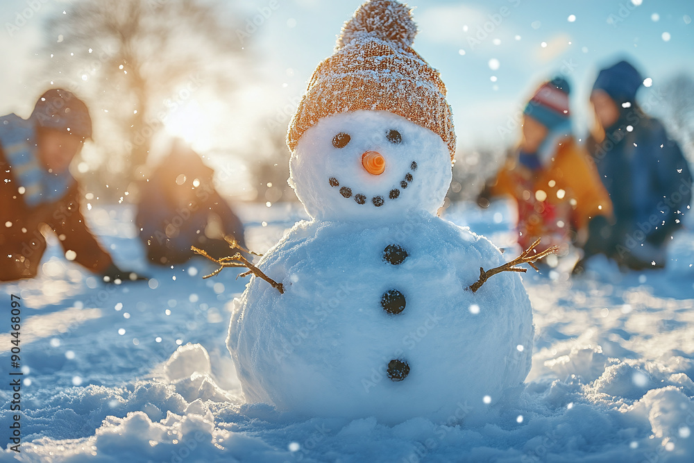 Photograph of Friends Building a Snowman: Friends working together to ...