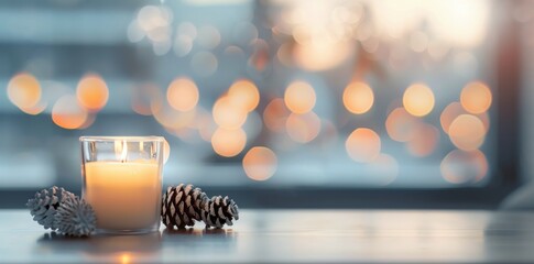 Poster - Cozy Candlelit Atmosphere With Pinecones and Blurry Holiday Lights