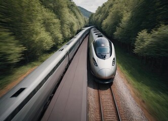 Poster - Modern high-speed train approaches to the station at spring morning time.