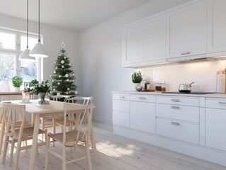 Poster - Cozy Modern Kitchen With Christmas Tree and Dining Area in Bright, Natural Light