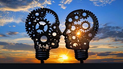 Two heads with gears forming a light bulb at sunset, teamwork and innovation concept