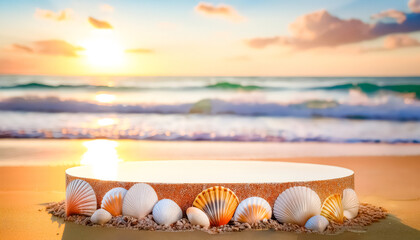 Wall Mural - Seashells Podium on Sandy Beach at Sunset