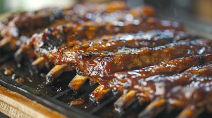 Sticker -   A BBQ rib close-up on a hot grill, showing sauce on both the top and bottom