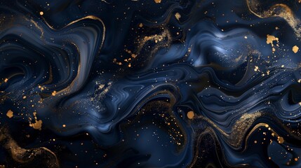 Aufkleber - This image showcases a sophisticated blend of dark navy blue and gold, employing abstract fluid art techniques to create a mesmerizing, swirling pattern perfect for modern decor.
