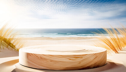 Canvas Print - Wooden Podium on Sandy Beach with Ocean View