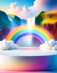 Poster - Magical Rainbow Waterfall with Cloudy Platform