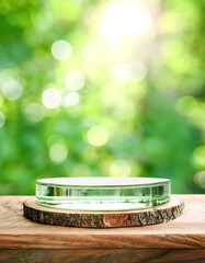 Wall Mural - Glass Podium on Wood Slice with Blurred Green Background