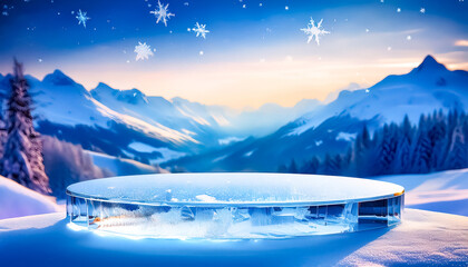 Poster - Frozen winter landscape with a clear ice podium