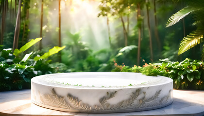 Poster - White Marble Pedestal in a Lush Tropical Garden