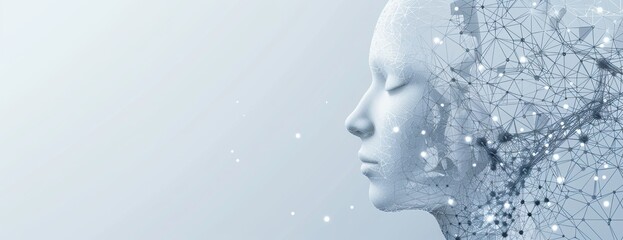 Sticker - Abstract digital background with the head of an artificial intelligence illustration in white and blue tones on light gray background Generative AI