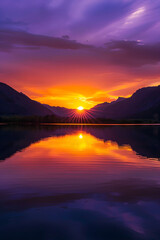 Wall Mural - Ethereal Serenity: A Golden Sunset Over a Perfectly Reflective Lake, Framed by Majestic Mountains