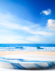 Wall Mural - Marble Pedestal with Blurry Beach Background