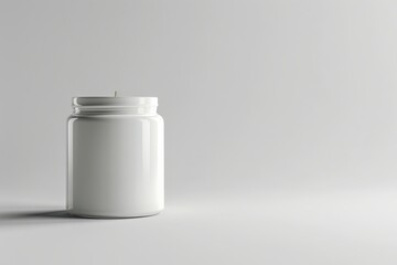 Poster - A white ceramic candle jar on a minimalist white background, exuding simplicity and elegance. The clear design signifies a calm, peaceful, and modern interior.