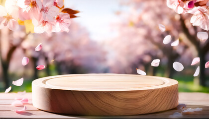 Wall Mural - Wooden Podium with Cherry Blossom Background