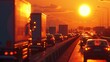 © AIGen - Traffic Highway. Busy Highway at Sunset with Blurred Background of Cars and Trucks in Motion
