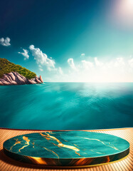 Poster - Turquoise Marble Podium Over Tropical Ocean