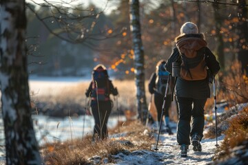 Hikers are enjoying winter trekking tour near frozen lake on sunny day