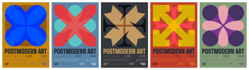 Fototapete - Postmodern art colorful trendy poster, abstract geometric composition graphic in Y2K aesthetics, vector simple shapes acid print artwork modernism and minimalistic brutal style A4 format