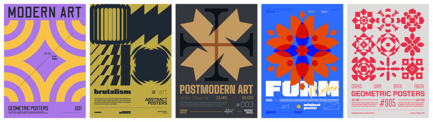 Leinwandbilder - Set modern art colorful trendy poster, abstract geometric acid A4 composition graphic in Y2K aesthetics, vector simple shapes rave print artwork modernism and minimalistic brutalism style