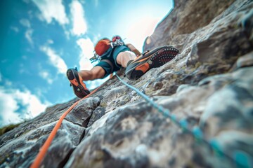 Climber is scaling a steep rock face on a sunny day, using ropes and climbing shoes for safety and support