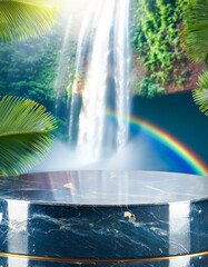 Sticker - Marble podium with waterfall and rainbow backdrop