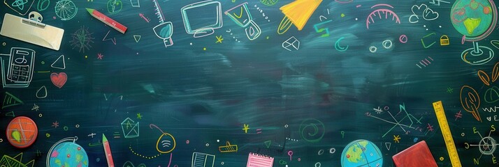 Aufkleber - A vibrant chalkboard is adorned with colorful strokes and detailed drawings of classroom supplies like globes, pencils, and calculators. Generative AI