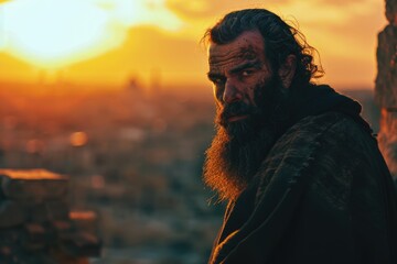 Poster - A man with a long beard stands in front of a beautiful sunset, looking out at the horizon