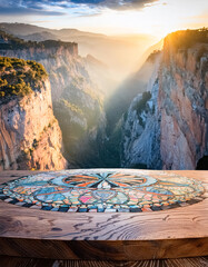 Poster - Wooden Tabletop with Mountain View and Mosaic Design