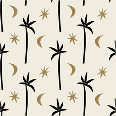 Wall Mural - Divine tropical ethnic palm plant minimalistic seamless pattern. Boho magic jungle summer chill groovy vibe chill concept. Mystical new age wellness holistic flat art. Silhouette minimal abstract