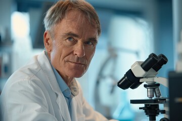 Aufkleber - A senior scientist with grey hair wearing a white lab coat closely examines samples under a microscope, surrounded by modern lab equipment and a focused expression.