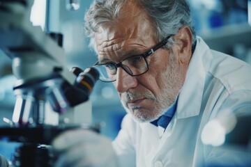 Aufkleber - An image of a scientist deeply focused while examining a specimen using a microscope in a lab setting, highlighting the essence of scientific discovery and innovation.