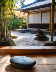 Wall Mural - Zen Garden with Stone on Tatami Mat