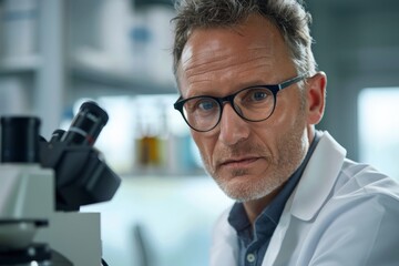 Aufkleber - A dedicated researcher with glasses is focused on his work, carefully examining through a microscope while surrounded by advanced laboratory equipment and scientific paraphernalia.
