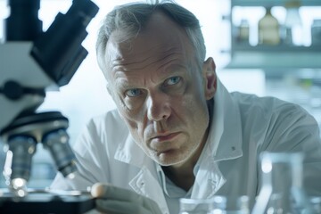 Aufkleber - The image features a researcher diligently working with a microscope within a lab environment, capturing the essence of dedication and focus required in scientific research.