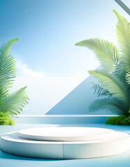 Wall Mural - Minimalist Product Display with Palm Leaves and a White Podium