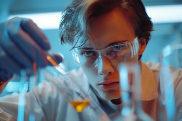 Aufkleber - A scientist in a laboratory, wearing safety goggles and gloves, focuses intently on transferring a chemical substance with a pipette, exemplifying precision and scientific inquiry.