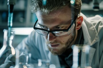 Leinwandbilder - A male scientist attentively examines samples in a laboratory environment, surrounded by laboratory equipment, focusing on scientific investigation and discoveries.