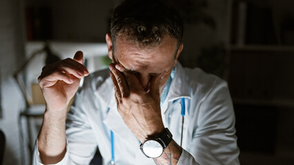 Poster - Worried male doctor in a hospital room showing signs of stress and exhaustion