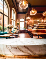 Wall Mural - White Marble Tabletop In Blurred Cafe Interior