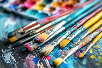 Wall Mural - A collection of paint brushes placed neatly on a table, ready for artistic use