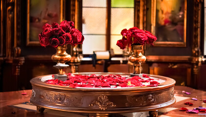 Wall Mural - Red Roses in Gilded Vases on Ornate Table