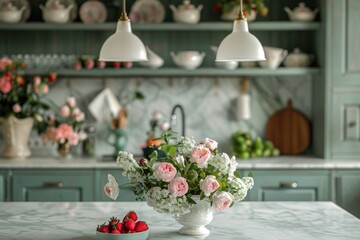 Sticker - Flowers Kitchen. Green Vintage Kitchen Interior with Marble Countertop and Floral Decor