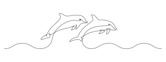Leinwandbilder - One continuous line drawing of couple of dolphin. Sea animal in wildlife in simple linear style. Summer concept in Editable stroke. Doodle outline vector illustration
