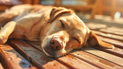 Wall Mural -   A close-up of a dog resting its head on a wooden slatted surface