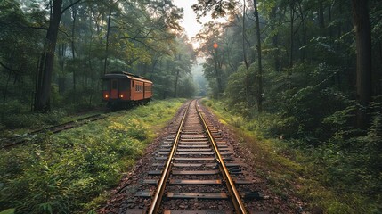 Wall Mural -   A train, surrounded by lush green trees and a dense forest of many trees, moves past a yellow caboose